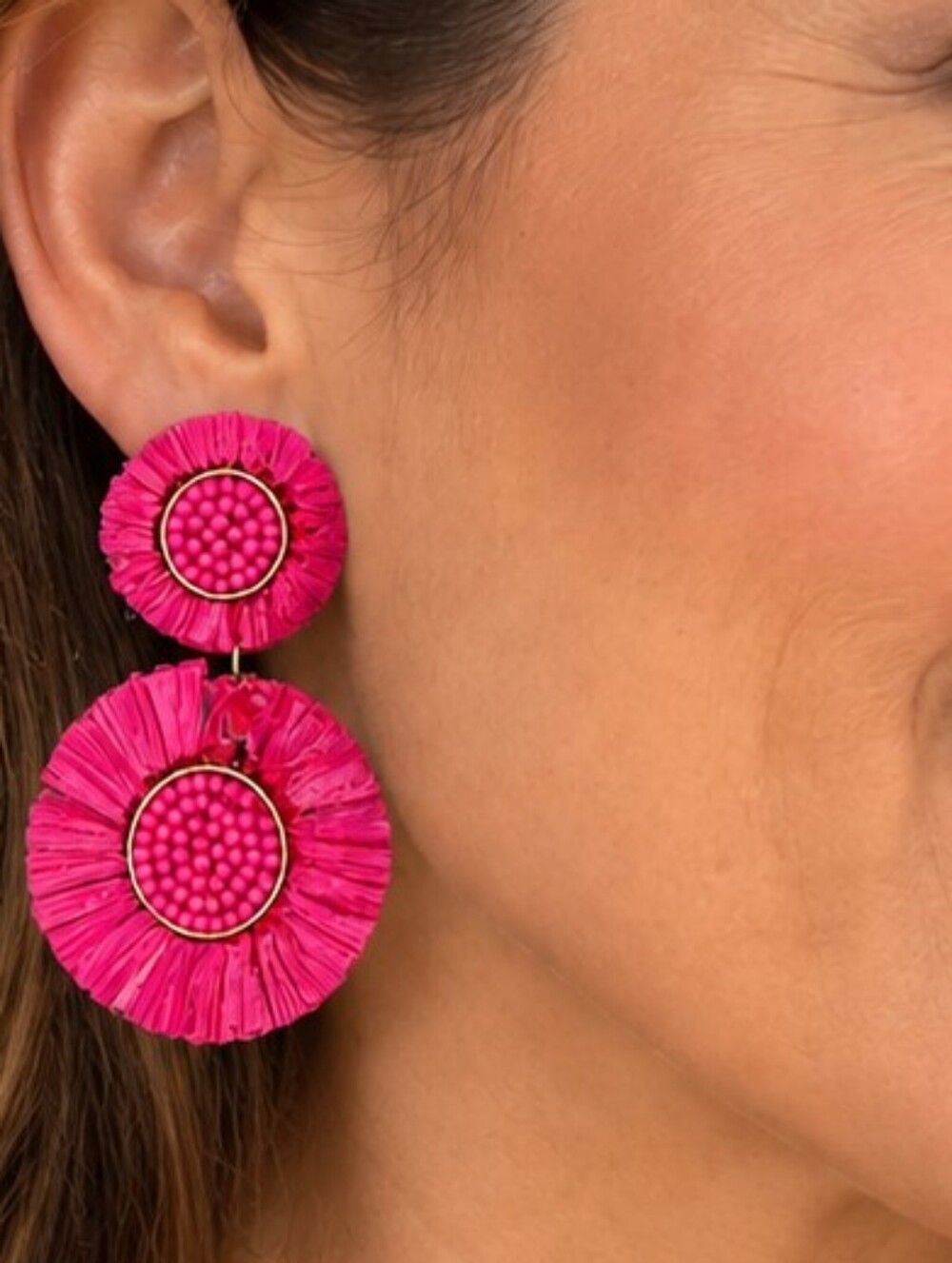 💎 Hot Pink Raffia Beaded Double Circle Statement Dangle Earrings Scratch & Dent